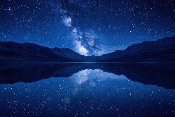 Tranquil lake under a starlit sky revealing the peaceful cosmos mirrored in still waters, ideal for nature lovers and serene decor themes