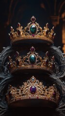 Fototapeta premium Three Ornate Gold Crowns Adorned With Gems