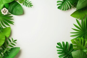 Lush tropical foliage frame with vibrant green monstera palm and fern leaves on a clean white background  Botanical natural and eco friendly concept with empty space for text or design