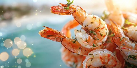 Floating cooked shrimp with herbs on a blurred coastal background