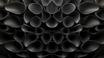 Abstract black design featuring multiple rounded shapes arranged in a symmetrical pattern on a dark background