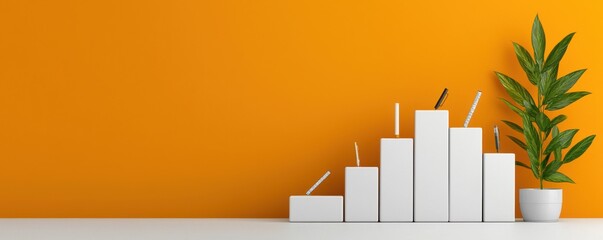 Obraz premium Minimalist white geometric shapes blocks and pedestals arranged with a tropical plant display for a clean contemporary corporate business presentation market analysis or product showcase