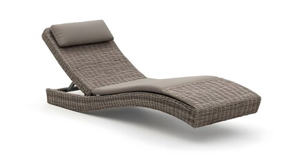 A modern sun lounger with a woven rattan design and adjustable reclining position, floating against a white background