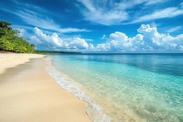 Obraz premium Sandy tropical beaches with peaceful islands and crystal-clear waters for idyllic vacation memories and travel destination ideas