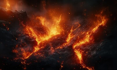 Dramatic volcanic landscape with glowing red lava flowing against a dark rocky terrain, illuminated by fiery light, creating a powerful and intense scene,