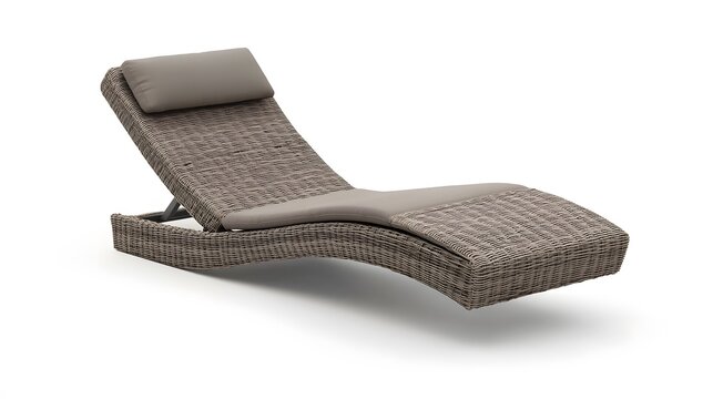 A modern sun lounger with a woven rattan design and adjustable reclining position, floating against a white background