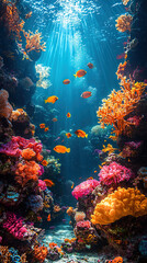 Vibrant Coral Reef Underwater Scene with Tropical Fish and Sunlight in Turquoise Water Marine Photography

