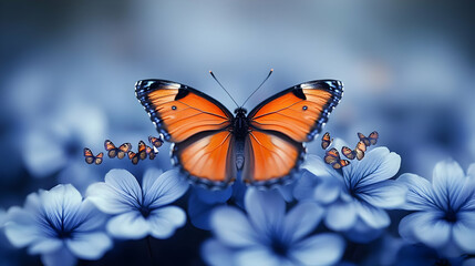 Fototapeta premium Orange Butterfly On Blue Flowers