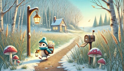 A whimsical and heartwarming illustration depicting a cheerful bird mail carrier traveling along a snowy forest path in early spring, surrounded by enchanting details like glowing parcels