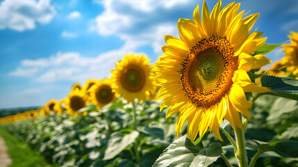 Fototapeta premium sunflower, flower, sky, summer, field, nature, yellow, agriculture, sun, blue, plant, leaf, blossom, bright, sunflowers, growth, beauty, meadow, landscape, petal, sunny, color, spring, farm, object