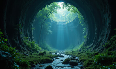 Enchanting Forest Cave River Scene - Dark fantasy