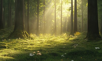 Fototapeta premium Peaceful forest glade with sunlight streaming through tall trees, illuminating moss-covered ground and creating golden highlights