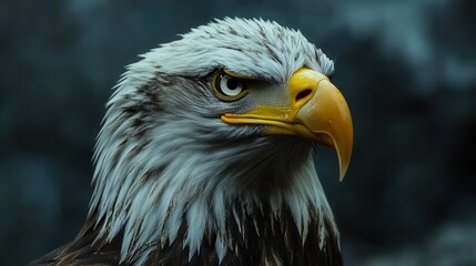 Obraz premium Captivating feathered majesty: a bald eagle’s head and upper body, framed with sleek white and gray plumage, eyes sharp as it gazes right. Its powerful wings poised for flight