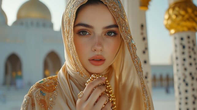 Portrait of a Young Woman in Beige Embellished Hijab at a Mosque