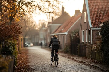 Fototapeta premium Autumnal Cobblestone Lane with Woman Cycling