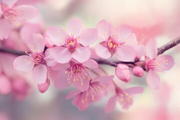 Naklejka premium Delicate cherry blossoms in pastel hues with soft bokeh background capturing the tranquil essence of spring beauty for nature enthusiasts and floral lovers