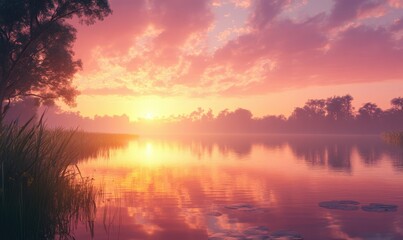 Obraz premium Sunset over a peaceful lake with reflections of vibrant pink and orange skies, creating a tranquil and scenic moment.