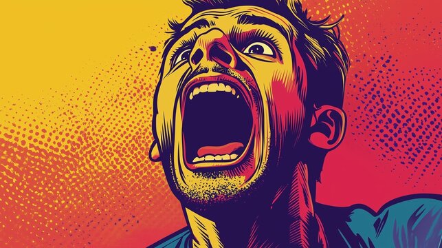 An illustration of man screaming. Man is terrified by a pop art comic book. Generative poster with a fear and panic screaming. A depiction of a lifestyle man shouting.