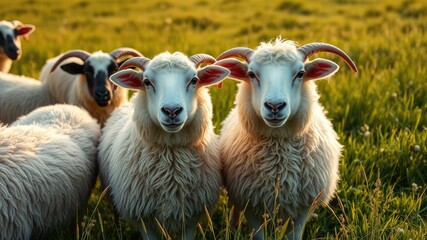 Fototapeta premium Sheep and lamb, Serene Sheep in Golden meadows