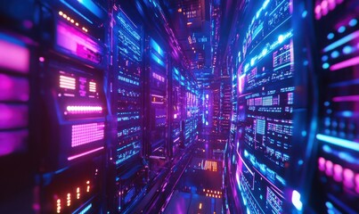 Obraz premium Futuristic glowing data center with sleek rows of servers illuminated by vibrant neon blue and purple lights .
