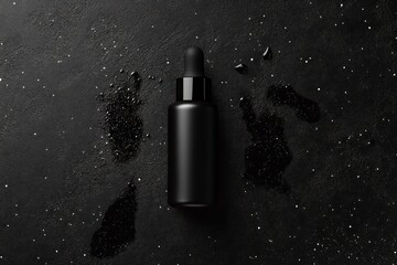 Black bottle, dark surface, spilled liquid, product mockup, cosmetic advertising
