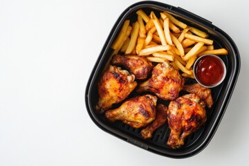 Crispy air-fried chicken legs with golden french fries and ketchup sauce