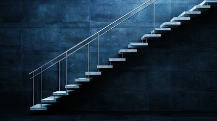 Fototapeta premium The staircase features a modern, sleek metal railing that stands out beautifully against a chic dark blue wall, all within a minimalist architectural design framework