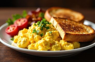 Scrambled eggs with toast and tomatoes served on a plate