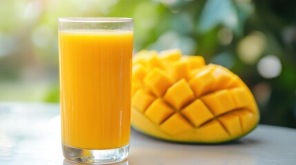 Fresh mango juice with sliced mango in sunlit garden setting