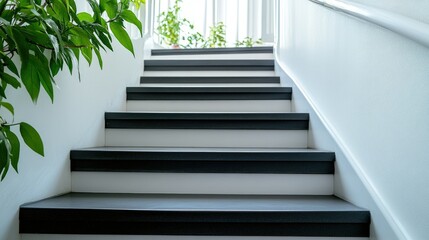 An elegant staircase gracefully ascends to a light-filled upper level, where vibrant indoor plants add a refreshing touch of greenery