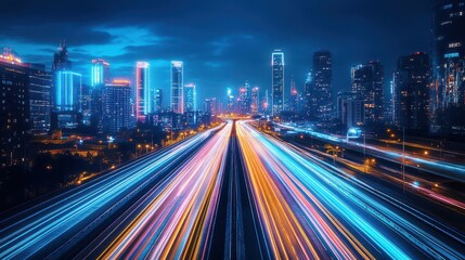 Fototapeta premium Vibrant night cityscape with speeding light trails in modern metropolis