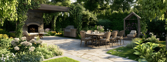 Obraz premium Garden with a stone patio, dining table, and chairs surrounded by lush greenery in front of an outdoor fireplace 