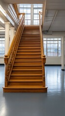 Elegant wooden staircase leading to upper levels in a spacious, well-lit building with large windows and polished floors
