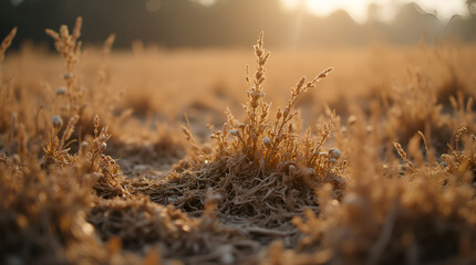 Fototapeta premium Close-up of dry, golden-hued grass flourishing in a rugged, sunlit landscape, capturing the essence of nature's endurance.