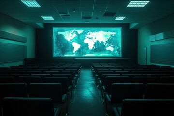 Empty Conference Room with World Map Projected on Screen