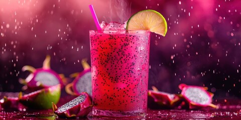 Floating dragon fruit juice with dragon fruit pieces and a lime wedge on a moody burgundy background