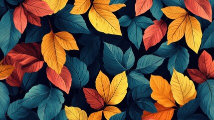 Vibrant autumn leaves in various colors on dark background