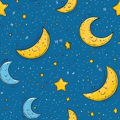 Seamless pattern of yellow and blue stars and moons with happy and sleepy expressions