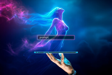 Artificial intelligence AI think about prompt. AI represented by female hologram. Generated with the use of an AI, combined with photo.