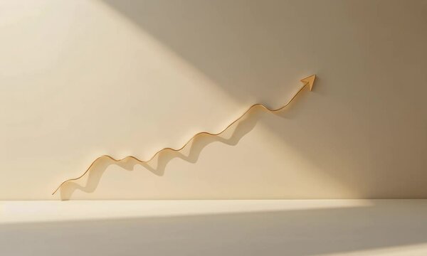Upward trending arrow symbolizing continuous growth and financial success with elegant golden design casting a soft shadow on a neutral wall. 
