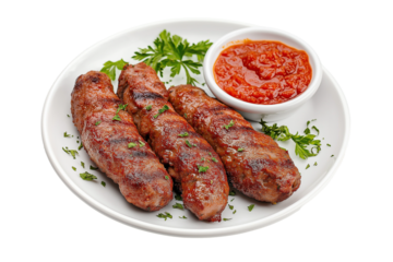 Serbian ćevapi grilled minced meat with ajvar isolated on transparent white background