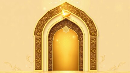 Golden Arch of Celebration: A radiant, ornate archway, adorned with intricate patterns and a golden crescent moon, glows with an inviting light. A symbol of entry, enlightenment, and divine blessing.