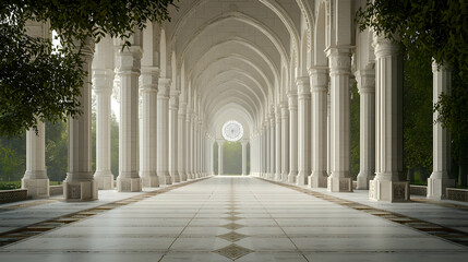 Elegant White Colonnade Hallway with Floral Patterned Pathway and Tree Lined Garden
