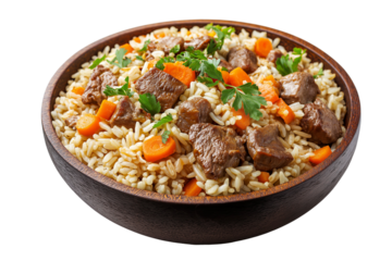 Uzbek plov rice pilaf with lamb and carrots isolated on transparent white background