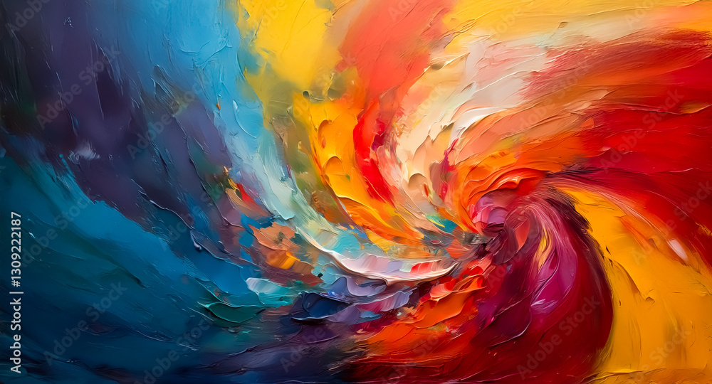Poster Vibrant swirls of paint create an abstract design. Bold brushstrokes blend a spectrum of colors in a dynamic and textured composition.  A colorful and expressive artwork.