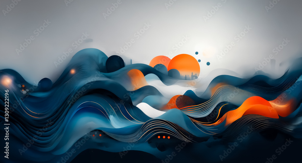 Wall mural abstract wavy shapes in blue and orange tones create a dynamic and fluid composition against a light