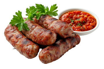 Serbian ćevapi grilled minced meat with ajvar isolated on transparent white background