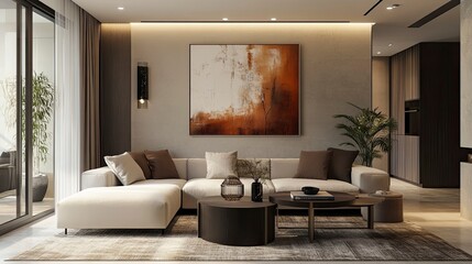 Fototapeta premium A modern, high-end living room with a neutral color palette, soft lighting, and carefully curated decor. A plush sofa, stylish coffee table, and an abstract painting on the wall create a perfect