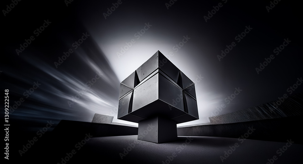 Fototapete A geometric cubic structure stands in a dark space, dramatically lit from above, creating strong shadows and a blurred, dynamic background.