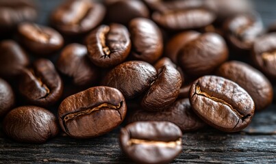 Naklejka premium Macro shot of freshly roasted coffee beans illuminated by warm ambient light emphasizing rich textures and bold tones .